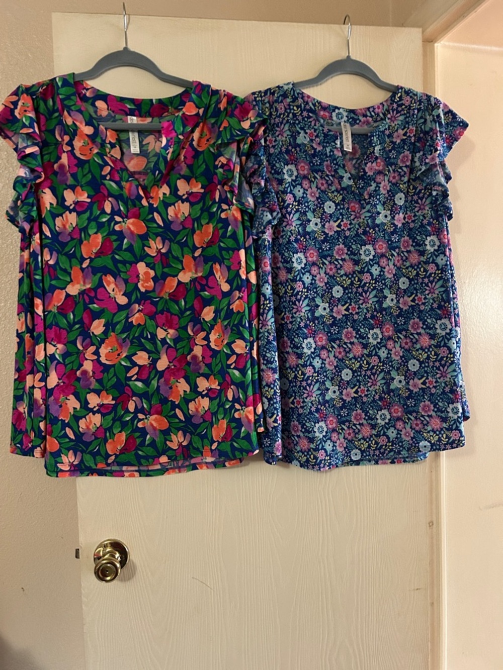 Women’s Floral Ruffle Sleeve Blouse - Navy & Bright Floral. set of two